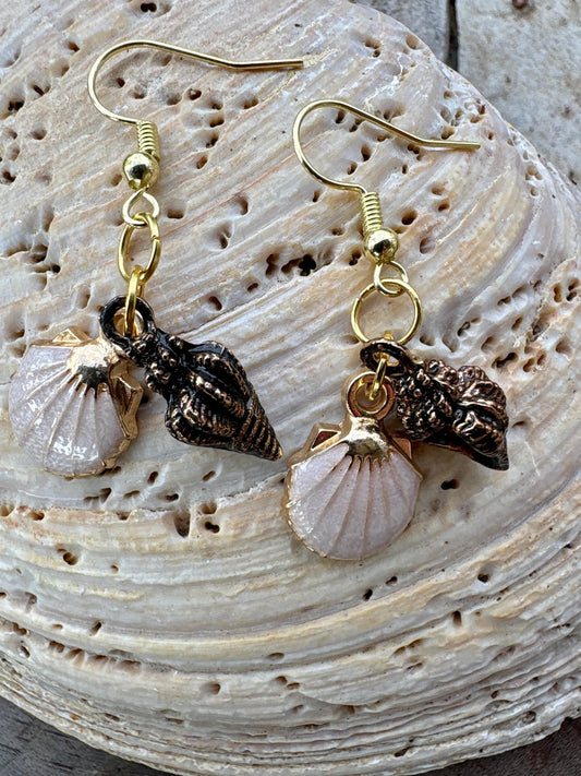 Handmade Ivory and Bronze Conch Seashell Dangle Earrings, Pastel Beaded Coastal Jewelry, Gold Fishhooks, Beach Gift Consecrated Jewelry Co.