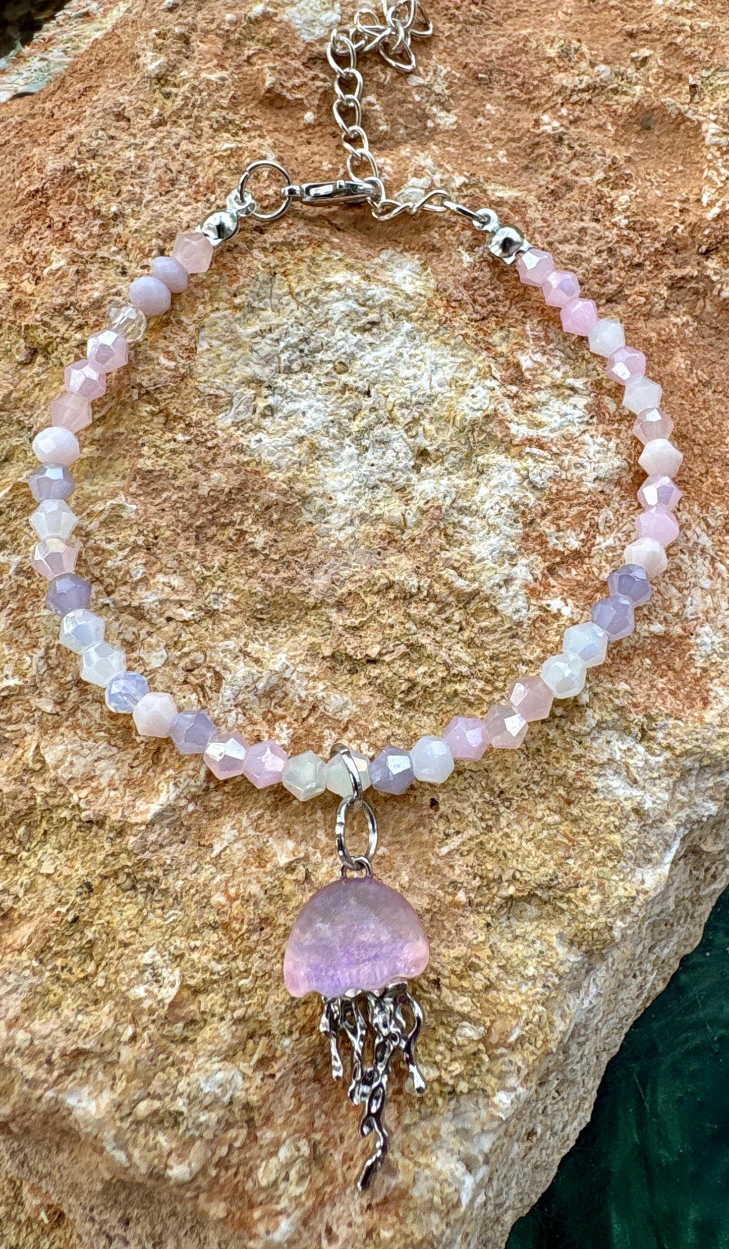 Handmade Purple and Pink crystal beaded bracelet with pink and silver jellyfish charm, beach jewelry, ocean lover, summer accessory Consecrated Jewelry Co.