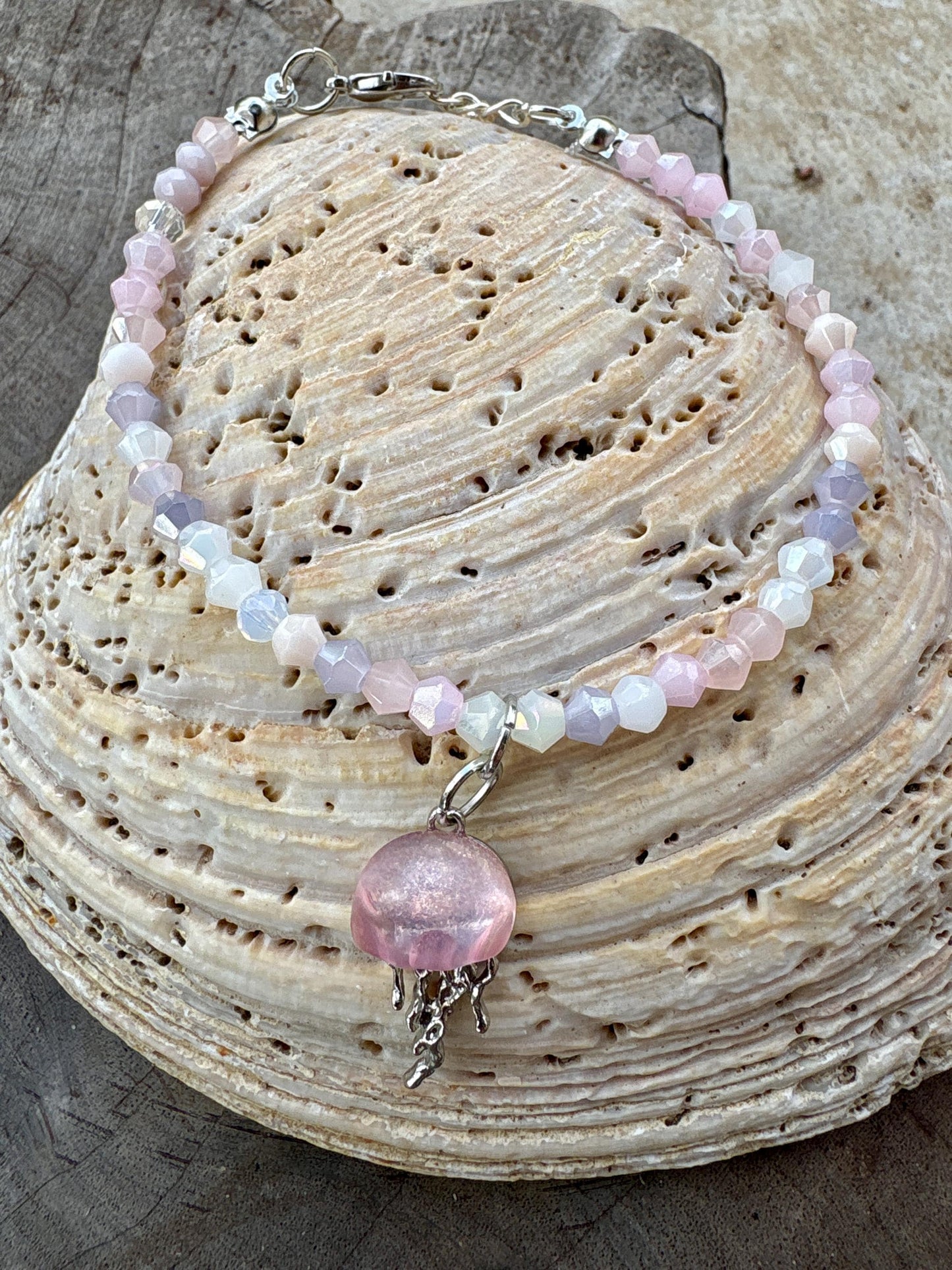Handmade Purple and Pink crystal beaded bracelet with pink and silver jellyfish charm, beach jewelry, ocean lover, summer accessory Consecrated Jewelry Co.