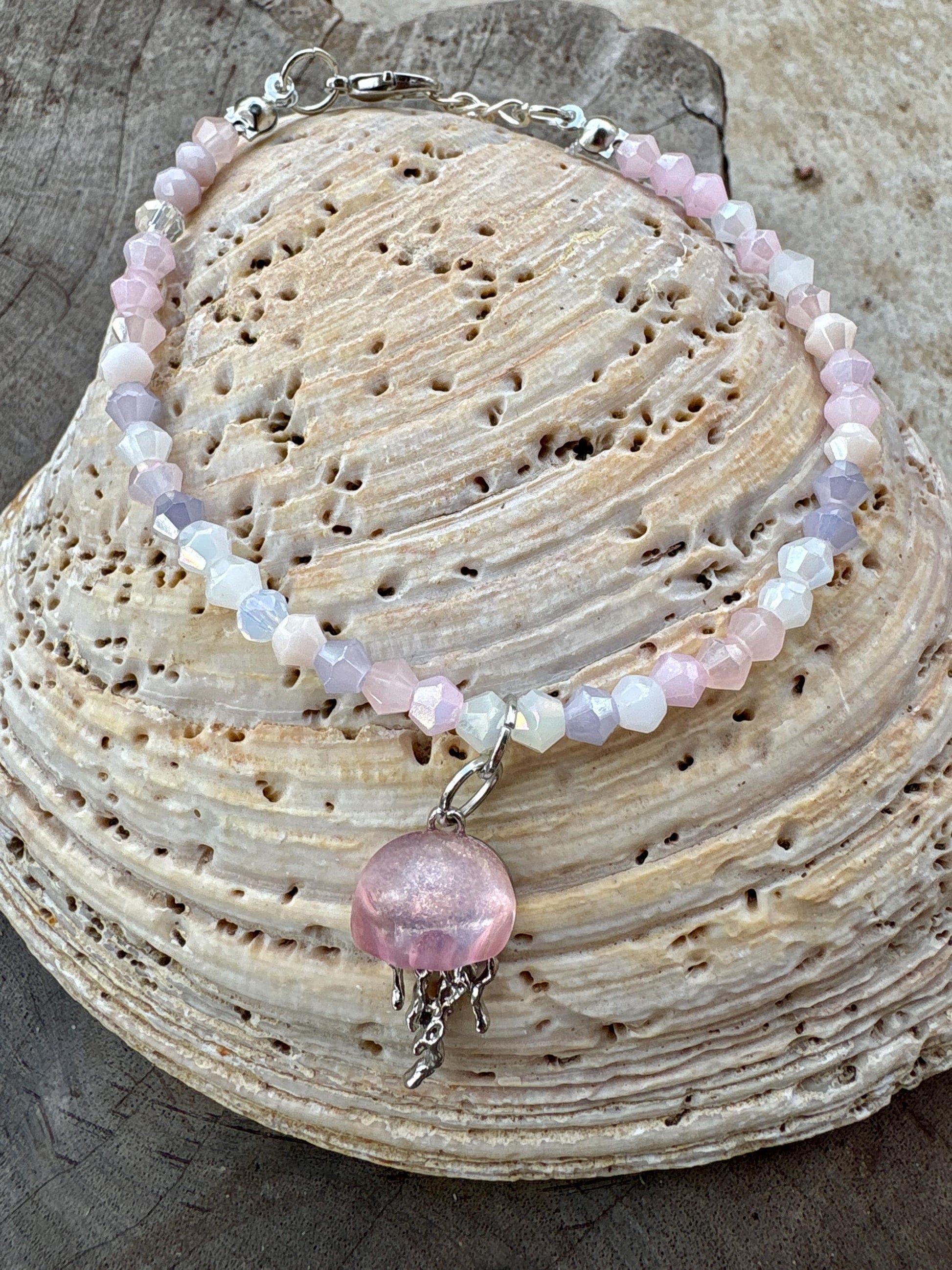 Handmade Purple and Pink crystal beaded bracelet with pink and silver jellyfish charm, beach jewelry, ocean lover, summer accessory Consecrated Jewelry Co.