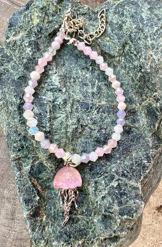 Handmade Purple and Pink crystal beaded bracelet with pink and silver jellyfish charm, beach jewelry, ocean lover, summer accessory Consecrated Jewelry Co.