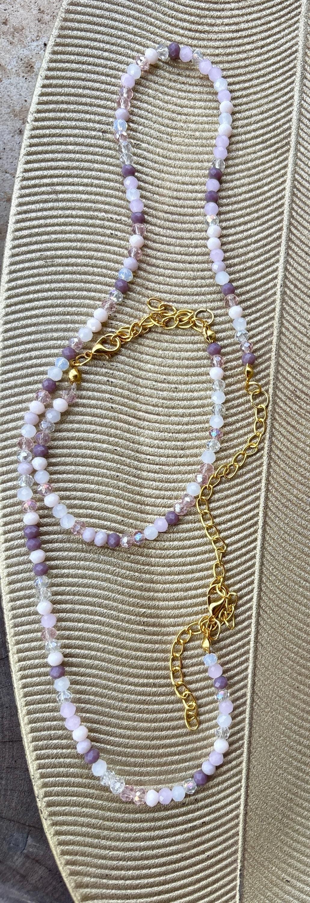 Matching Jewelry Set, Handmade Purple and Pink crystal beaded bracelet with matching necklace, gift set, spring and summer, jewelry pair Consecrated Jewelry Co.