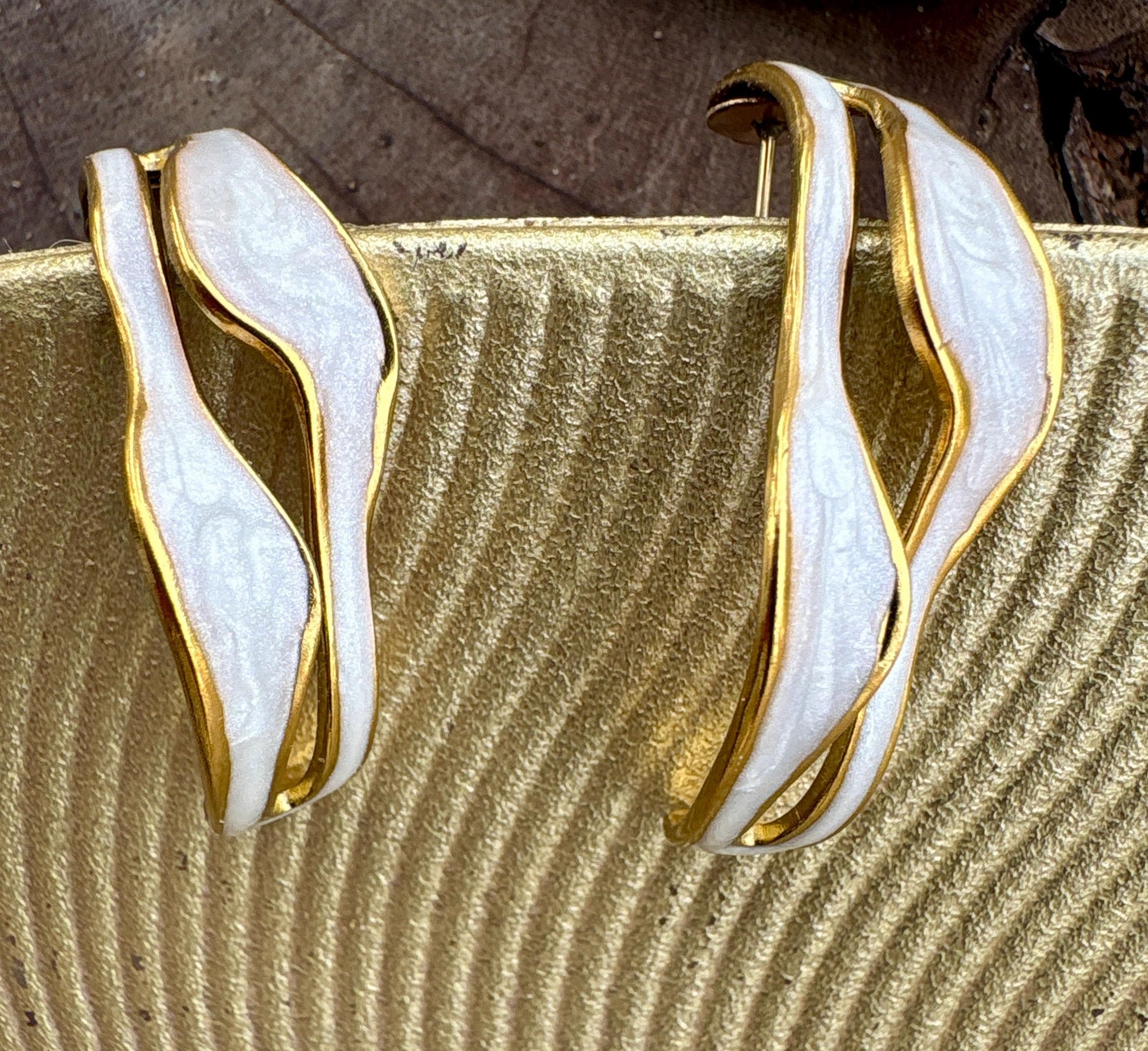 Ivory White Sculptural Enamel Earrings – Gold Wave Statement Open Hoops, Handmade jewelry, gift for her Consecrated Jewelry Co.