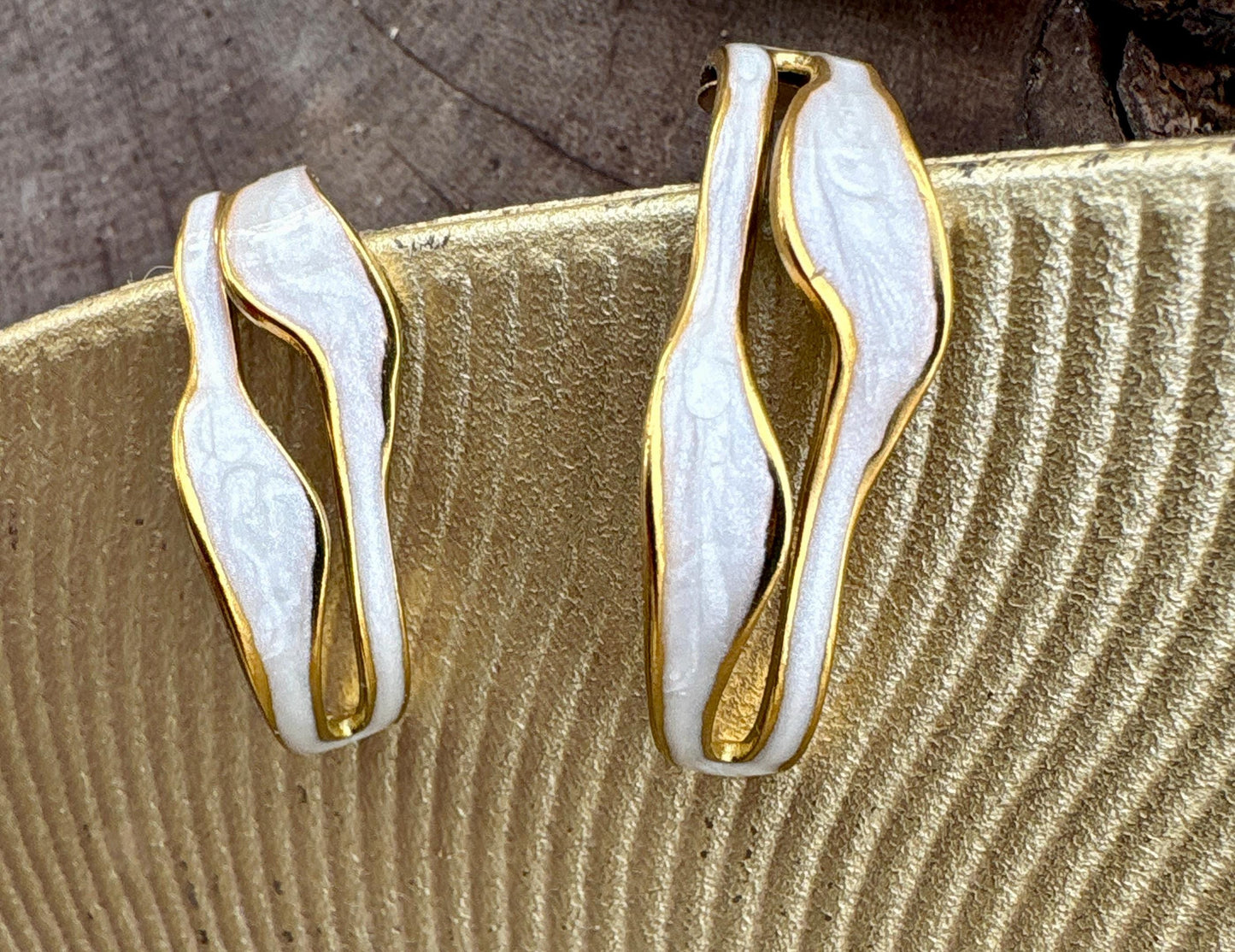 Ivory White Sculptural Enamel Earrings – Gold Wave Statement Open Hoops, Handmade jewelry, gift for her Consecrated Jewelry Co.