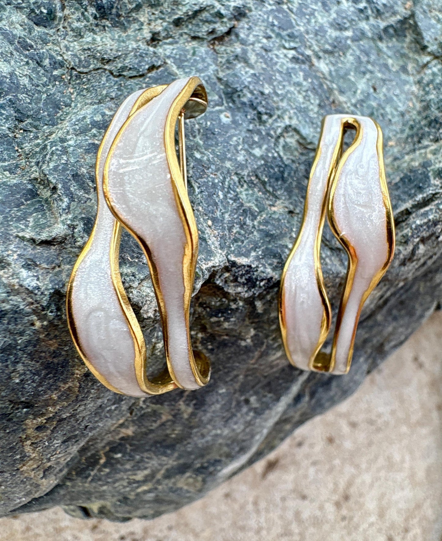 Ivory White Sculptural Enamel Earrings – Gold Wave Statement Open Hoops, Handmade jewelry, gift for her Consecrated Jewelry Co.