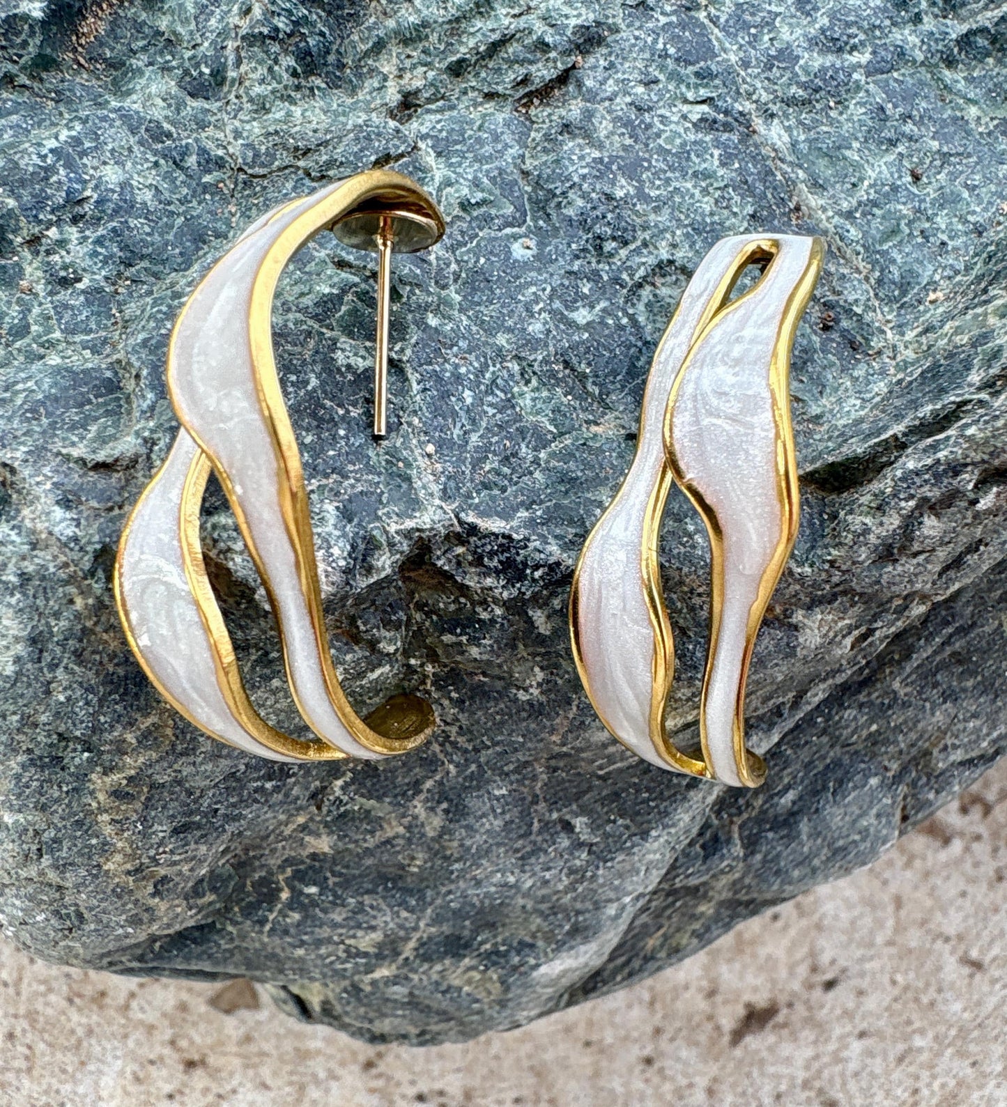 Ivory White Sculptural Enamel Earrings – Gold Wave Statement Open Hoops, Handmade jewelry, gift for her Consecrated Jewelry Co.
