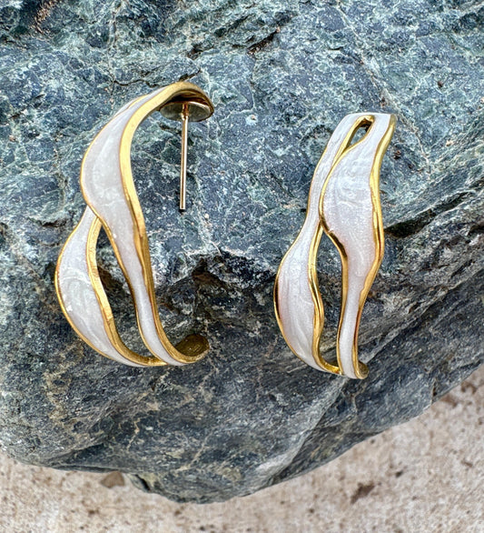 Ivory White Sculptural Enamel Earrings – Gold Wave Statement Open Hoops, Handmade jewelry, gift for her Consecrated Jewelry Co.