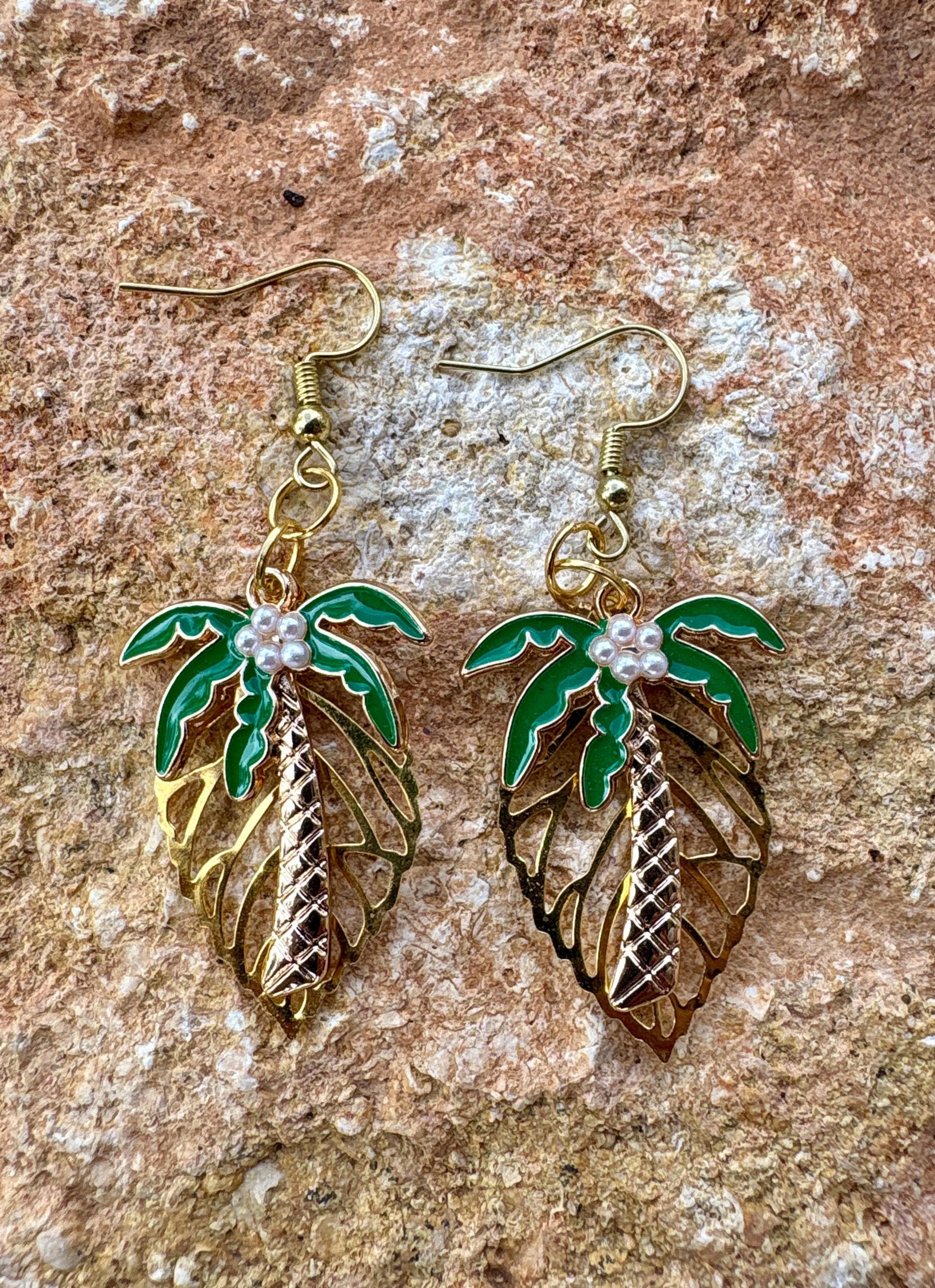 Gold Leaf Palm Tree Dangle Earrings: Gold and Green, Nature Inspired, Tropical Beach Jewelry, Gift for Her Consecrated Jewelry Co.