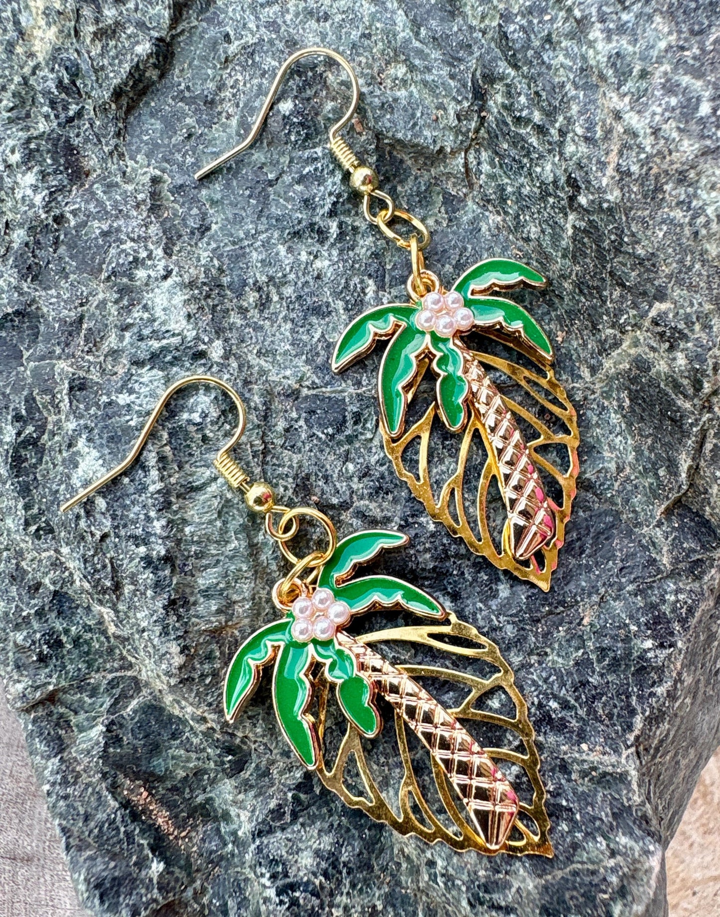 Gold Leaf Palm Tree Dangle Earrings: Gold and Green, Nature Inspired, Tropical Beach Jewelry, Gift for Her Consecrated Jewelry Co.
