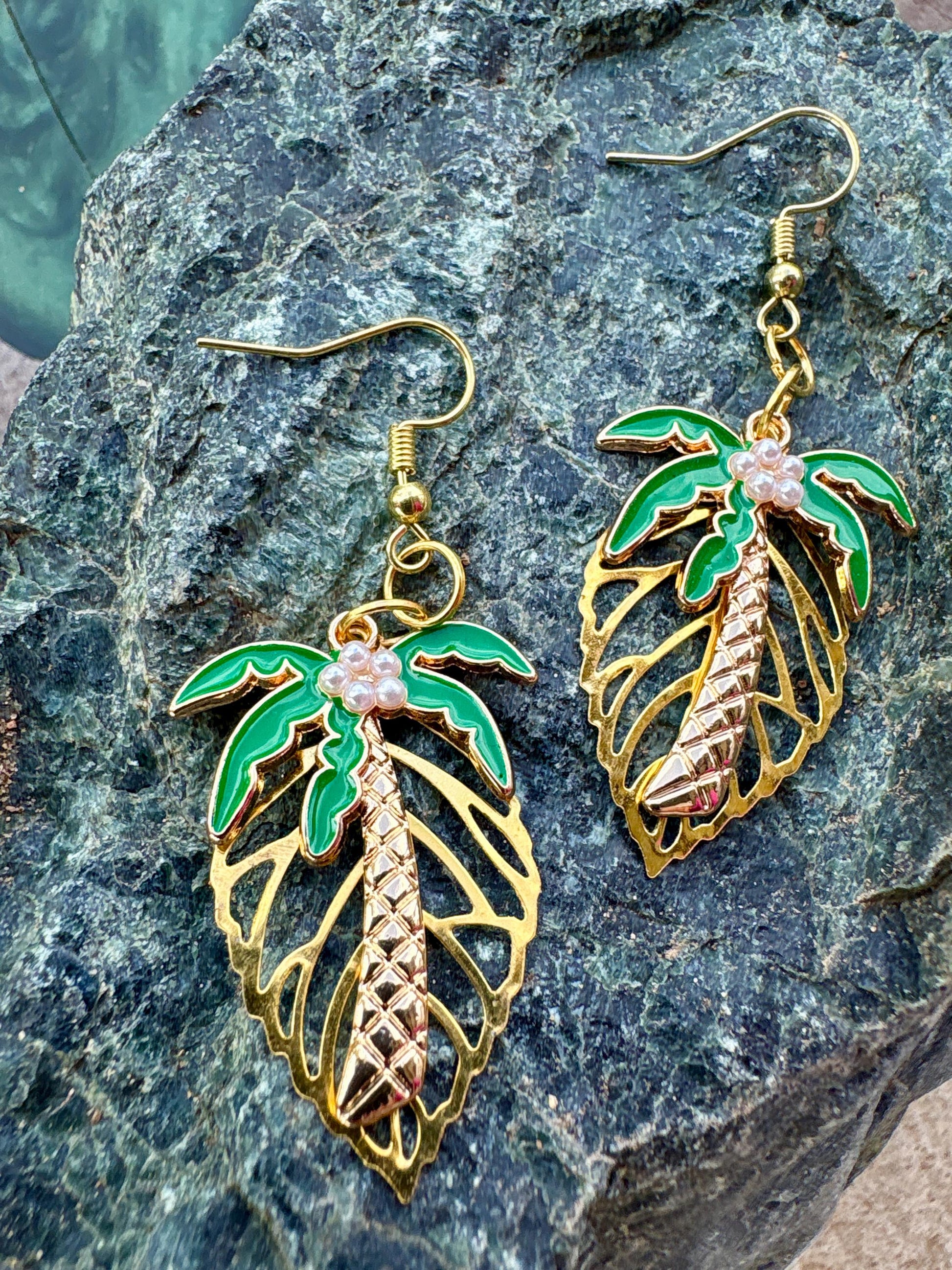 Gold Leaf Palm Tree Dangle Earrings: Gold and Green, Nature Inspired, Tropical Beach Jewelry, Gift for Her Consecrated Jewelry Co.