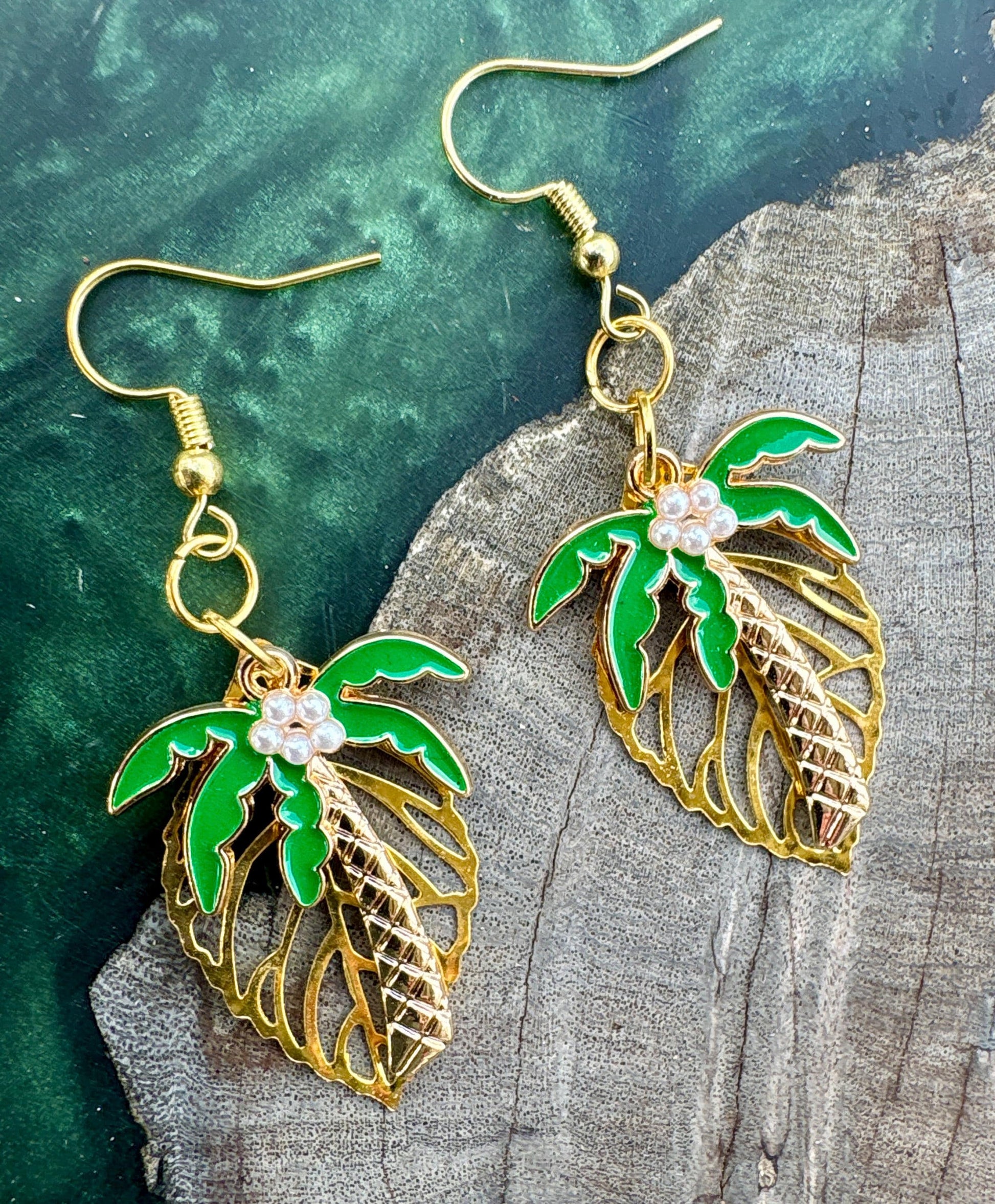 Gold Leaf Palm Tree Dangle Earrings: Gold and Green, Nature Inspired, Tropical Beach Jewelry, Gift for Her Consecrated Jewelry Co.