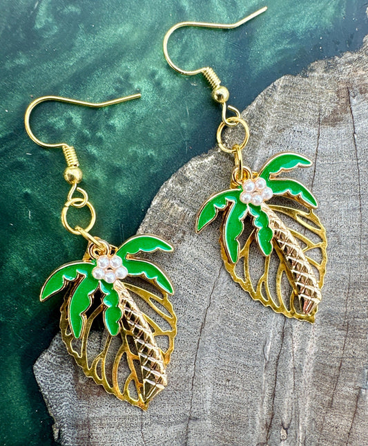 Gold Leaf Palm Tree Dangle Earrings: Gold and Green, Nature Inspired, Tropical Beach Jewelry, Gift for Her Consecrated Jewelry Co.
