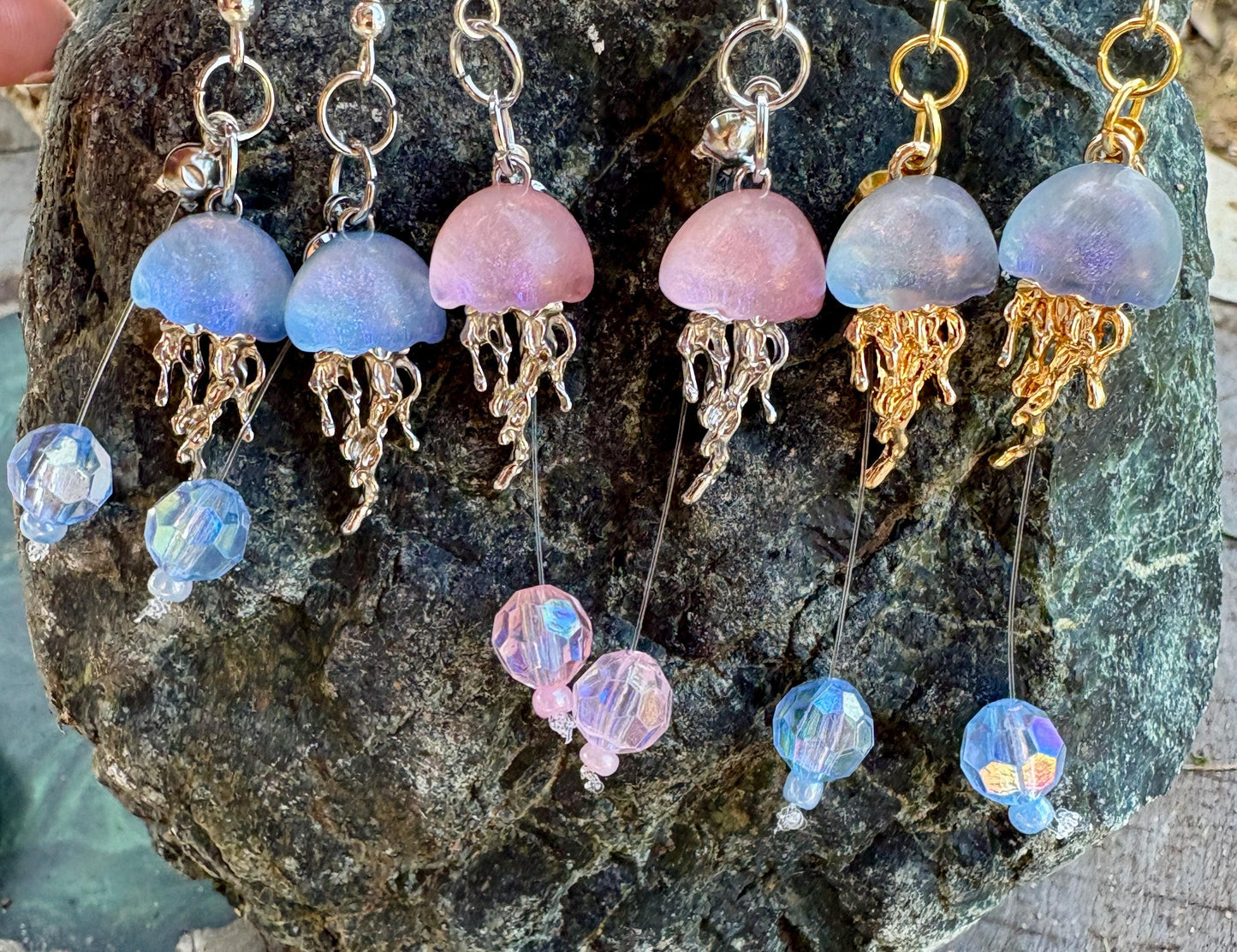 Handmade Jellyfish Dangle Earrings | Blue Pink Ocean Crystal Jewelry