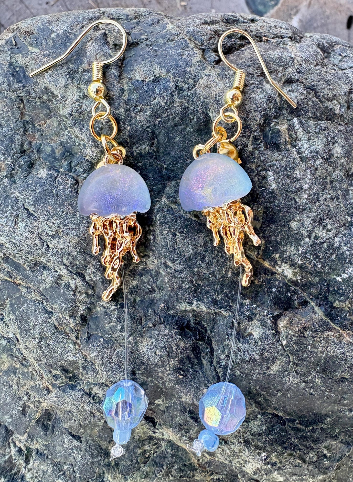 Handmade Jellyfish Dangle Earrings | Blue Pink Crystal Ocean Jewelry