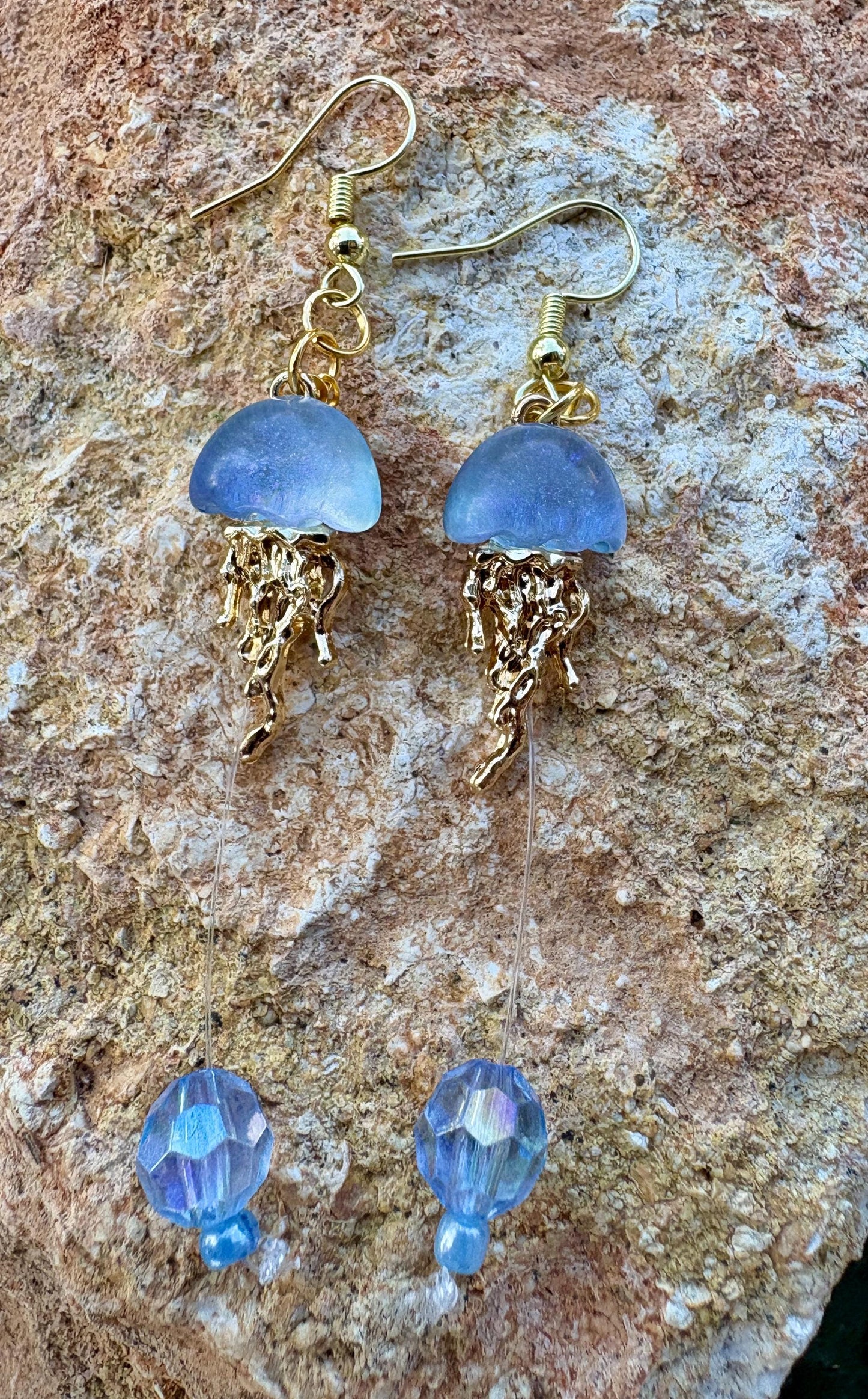 Handmade Jellyfish Dangle Earrings | Blue Pink Ocean Crystal Jewelry