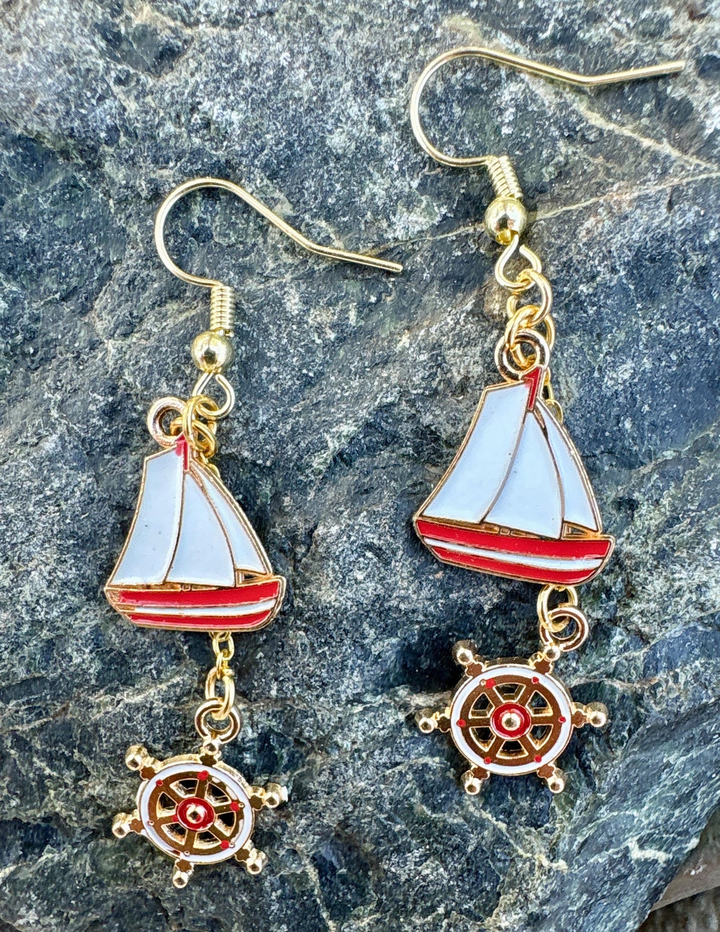 Nautical Enamel Dangle Earrings | Sailboat, Ship Wheel, Anchor, Lifesaver Coastal Jewelry