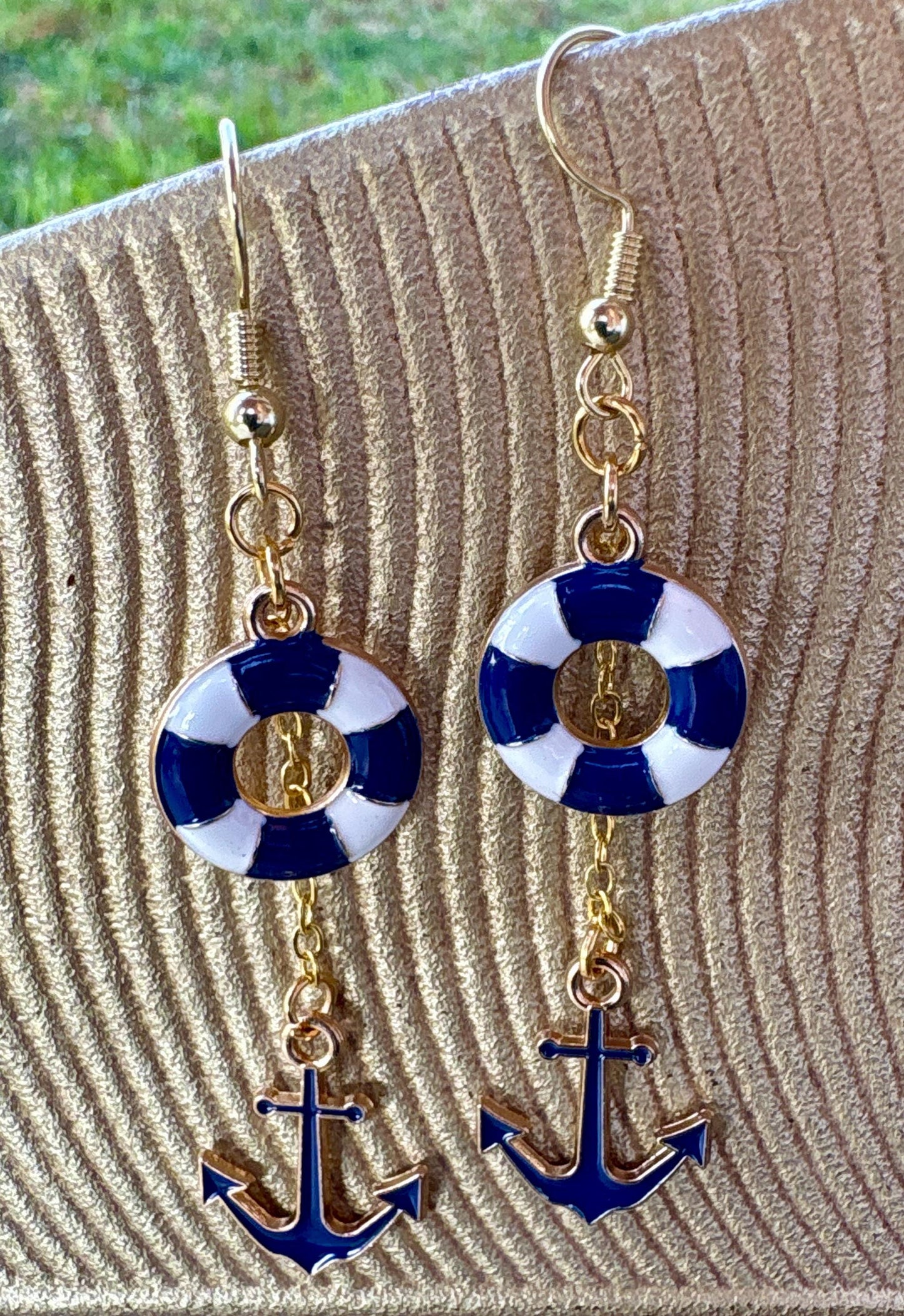 Nautical Dangle Earrings | Red White Blue Enamel Lifesaver Anchor Coastal Jewelry