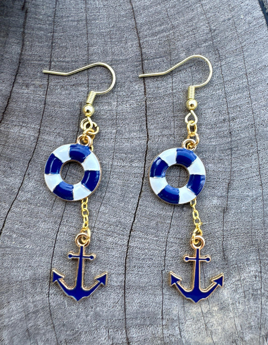 Nautical Enamel Dangle Earrings | Anchor Lifesaver Charm | Coastal Beach Jewelry