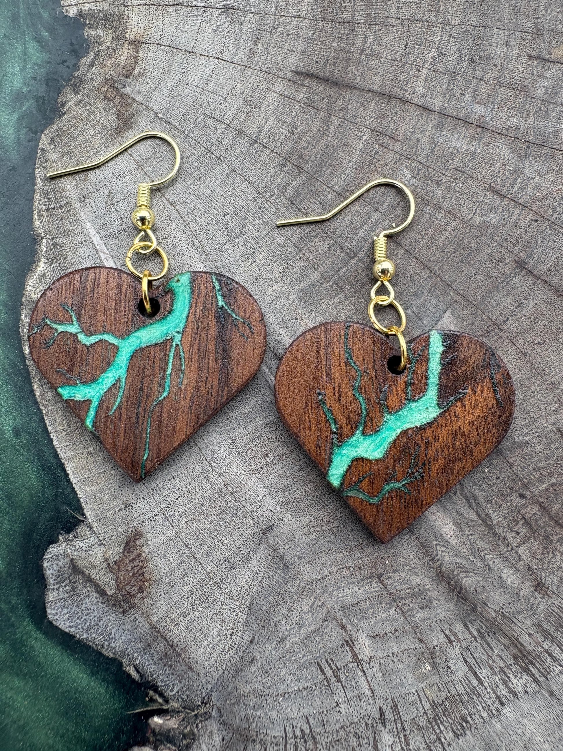 Black Walnut Heart Earrings: Green Turquoise Resin Boho Wood Jewelry, Gold Fishhook Handmade Earrings Consecrated Jewelry Co.