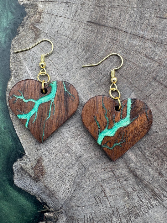 Black Walnut Heart Earrings: Green Turquoise Resin Boho Wood Jewelry, Gold Fishhook Handmade Earrings Consecrated Jewelry Co.