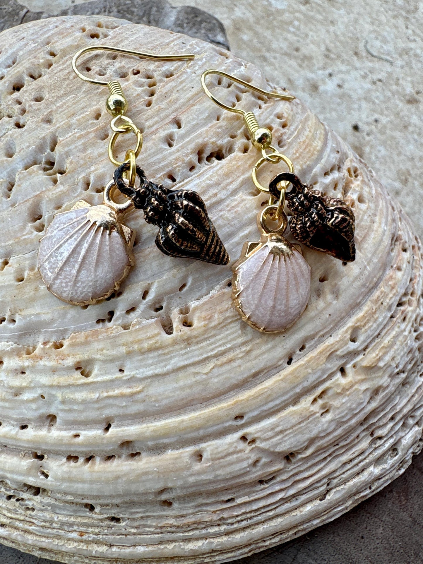 Handmade Ivory and Bronze Conch Seashell Dangle Earrings, Pastel Beaded Coastal Jewelry, Gold Fishhooks, Beach Gift Consecrated Jewelry Co.