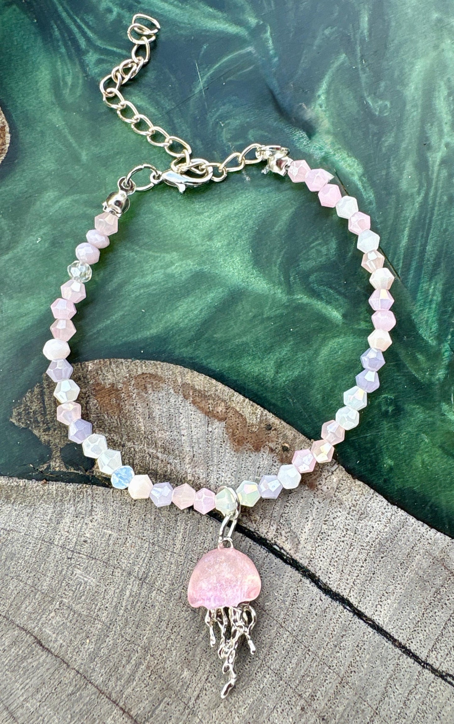 Handmade Purple and Pink crystal beaded bracelet with pink and silver jellyfish charm, beach jewelry, ocean lover, summer accessory Consecrated Jewelry Co.
