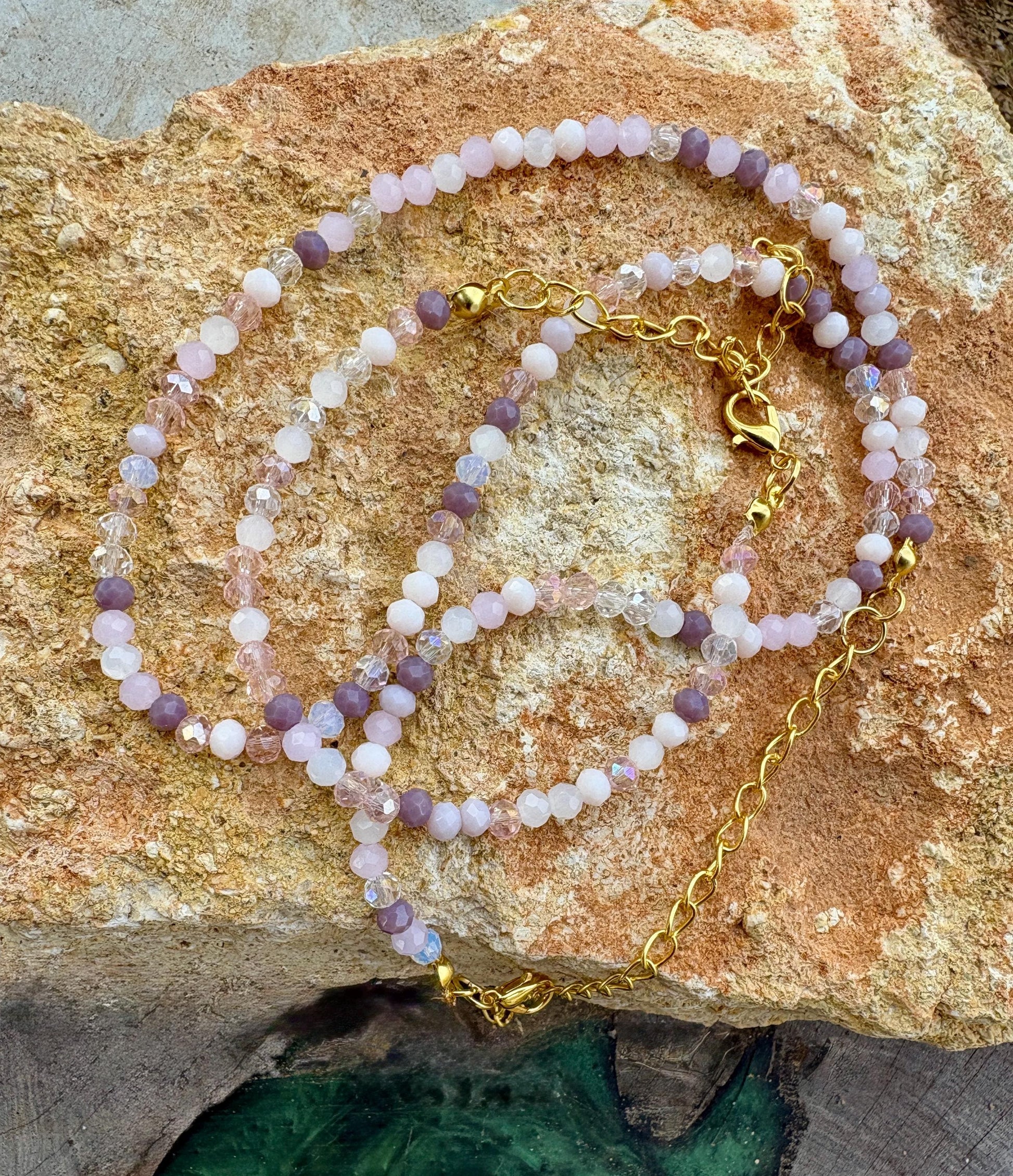 Matching Jewelry Set, Handmade Purple and Pink crystal beaded bracelet with matching necklace, gift set, spring and summer, jewelry pair Consecrated Jewelry Co.