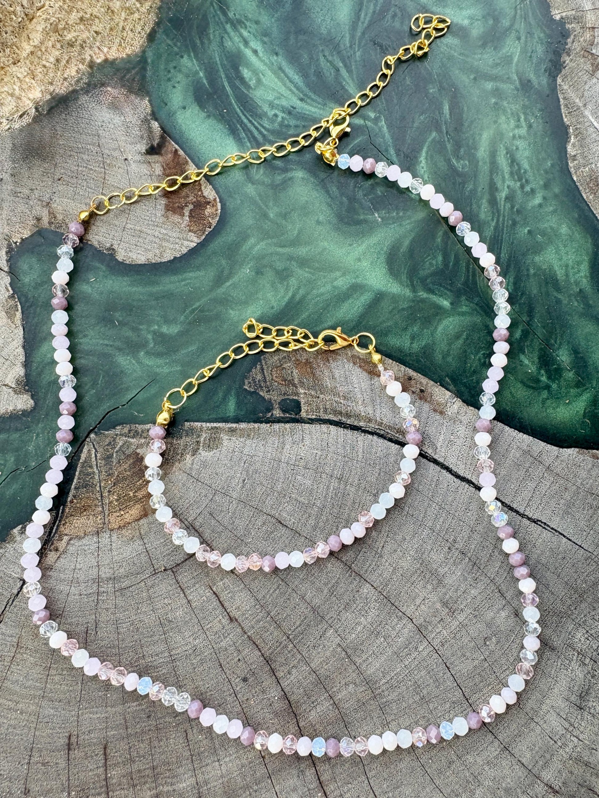 Matching Jewelry Set, Handmade Purple and Pink crystal beaded bracelet with matching necklace, gift set, spring and summer, jewelry pair Consecrated Jewelry Co.
