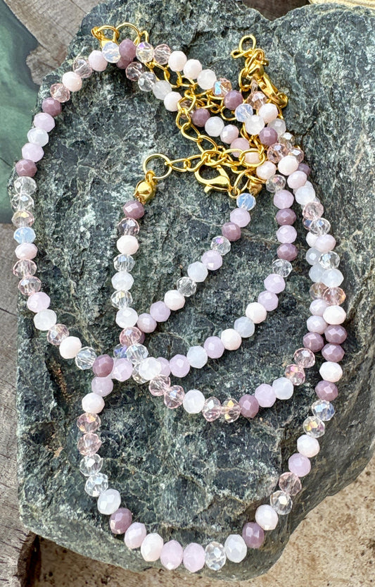 Matching Jewelry Set, Handmade Purple and Pink crystal beaded bracelet with matching necklace, gift set, spring and summer, jewelry pair Consecrated Jewelry Co.