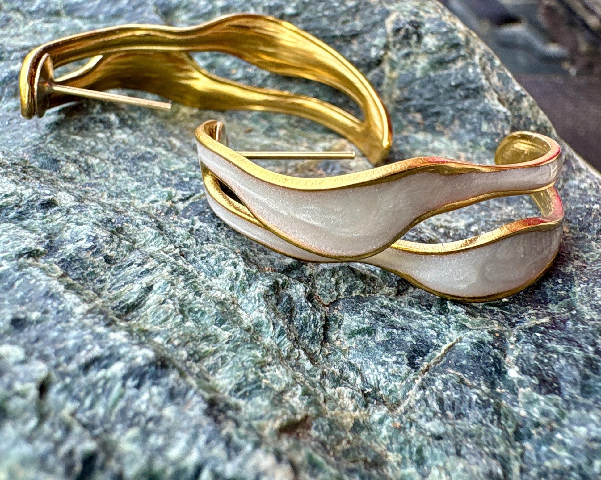 Ivory White Sculptural Enamel Earrings – Gold Wave Statement Open Hoops, Handmade jewelry, gift for her Consecrated Jewelry Co.