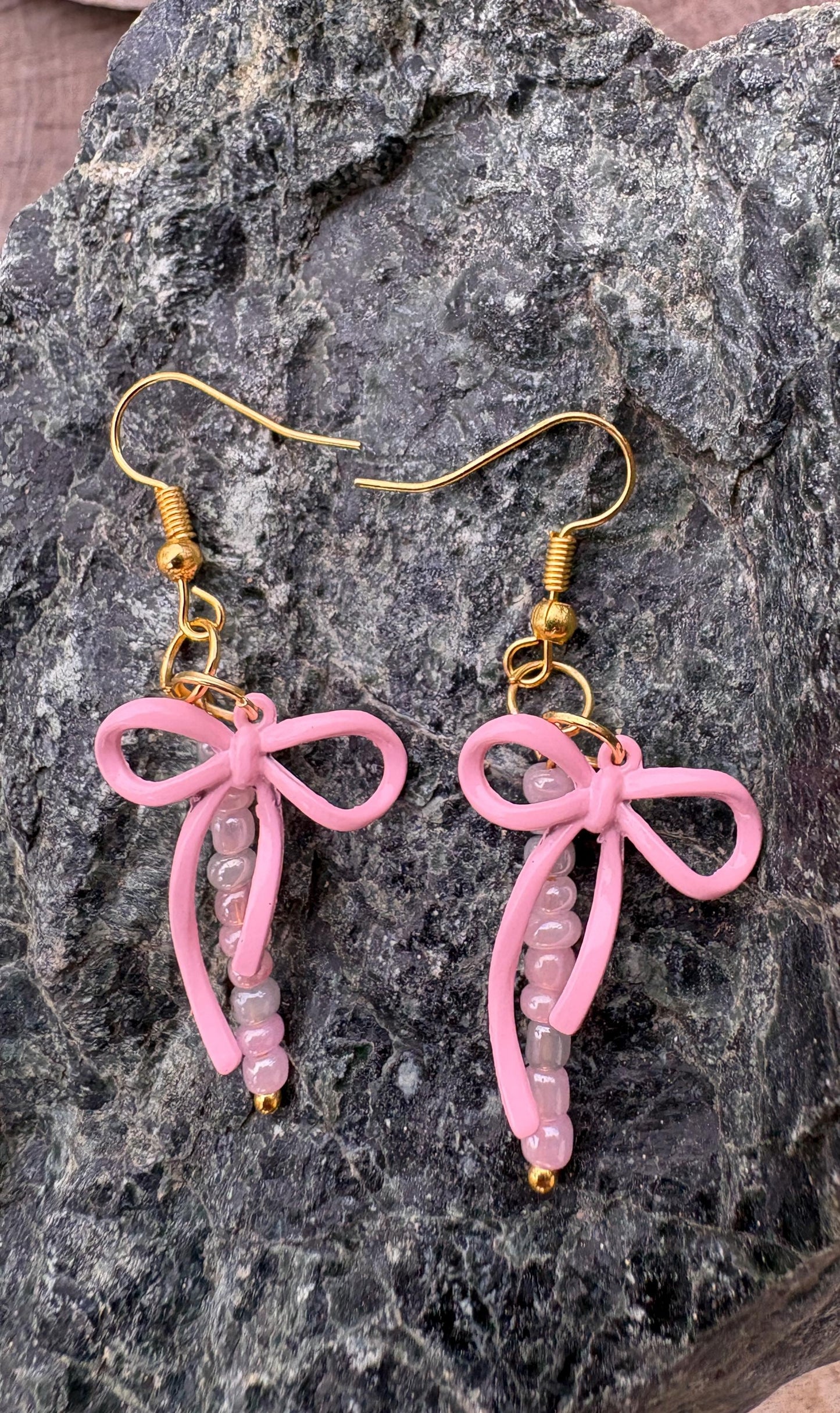 Pink Bow Pearl Dangle Earrings – Gold Earrings, Feminine Statement Jewelry, Girly Pink lover Style, bead Jewelry Earrings Consecrated Jewelry Co.