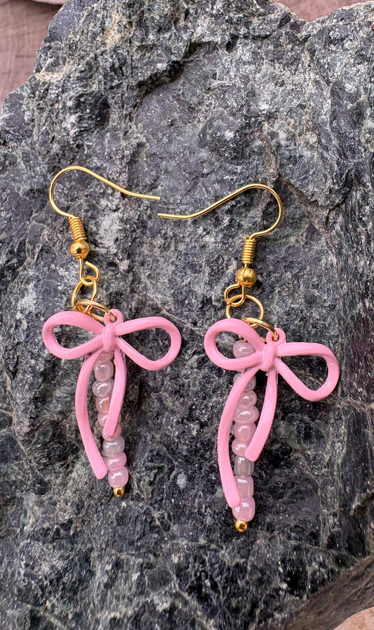 Pink Bow Pearl Dangle Earrings – Gold Earrings, Feminine Statement Jewelry, Girly Pink lover Style, bead Jewelry Earrings Consecrated Jewelry Co.