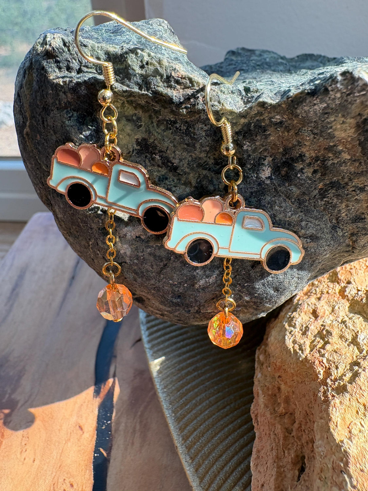 Blue Truck Pumpkin Earrings, Fall Dangle Earrings, Autumn Jewelry, Vintage Pickup Truck Earrings, Pumpkin Patch Gift