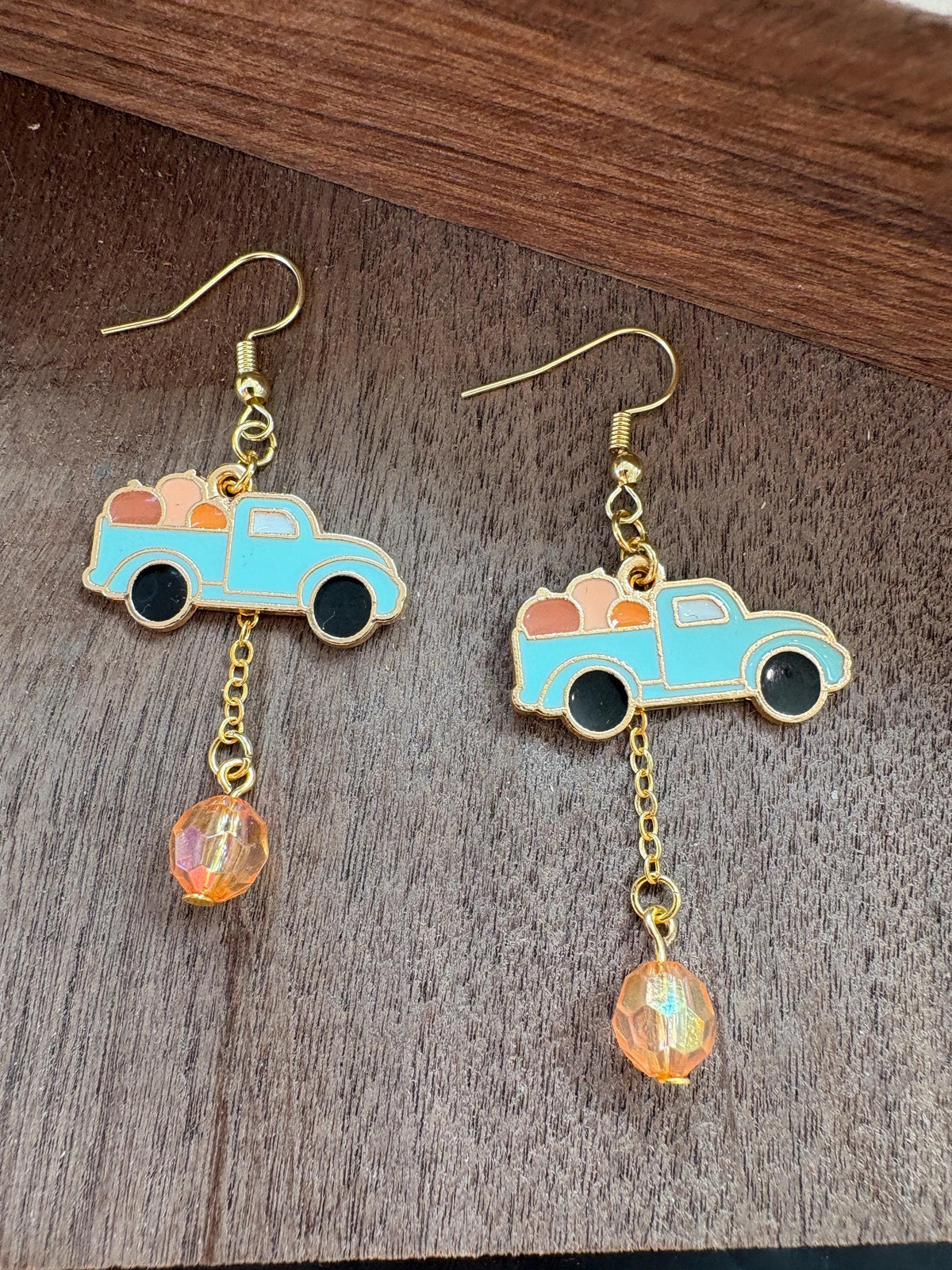 Blue Truck Pumpkin Earrings, Fall Dangle Earrings, Autumn Jewelry, Vintage Pickup Truck Earrings, Pumpkin Patch Gift