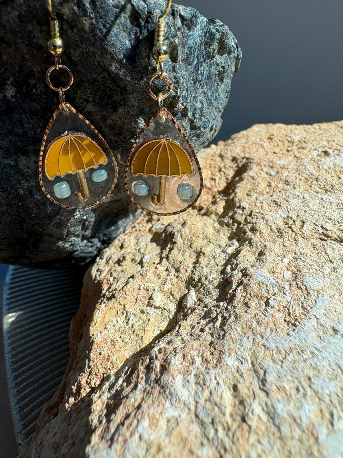 Yellow Umbrella Rain Earrings, Rainy Day Dangle Earrings, Blue Raindrop Resin Jewelry, Whimsical Spring Earrings