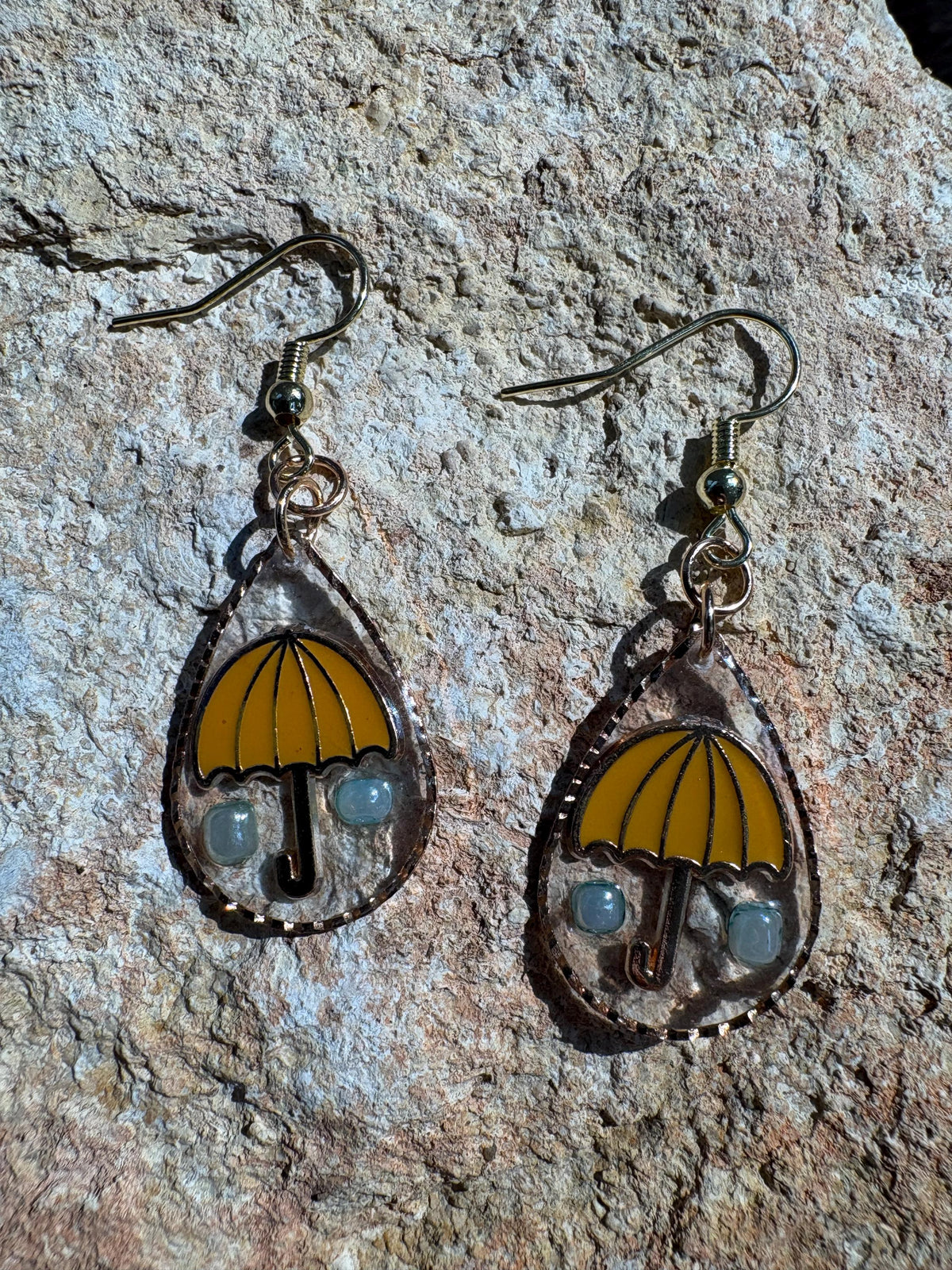 Yellow Umbrella Rain Earrings, Rainy Day Dangle Earrings, Blue Raindrop Resin Jewelry, Whimsical Spring Earrings
