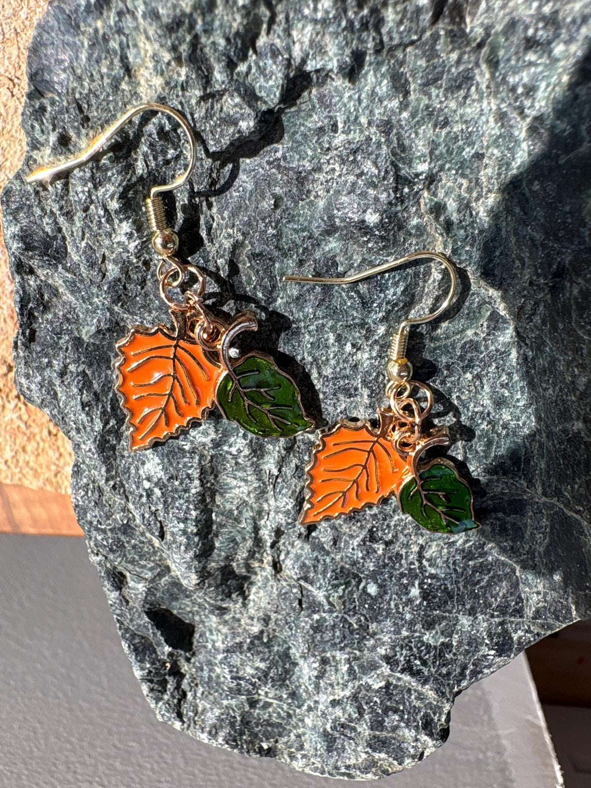 Fall Leaf Earrings, Orange Green Leaf Dangle Earrings, Autumn Jewelry, Thanksgiving Earrings, Nature Lover Gift for Her