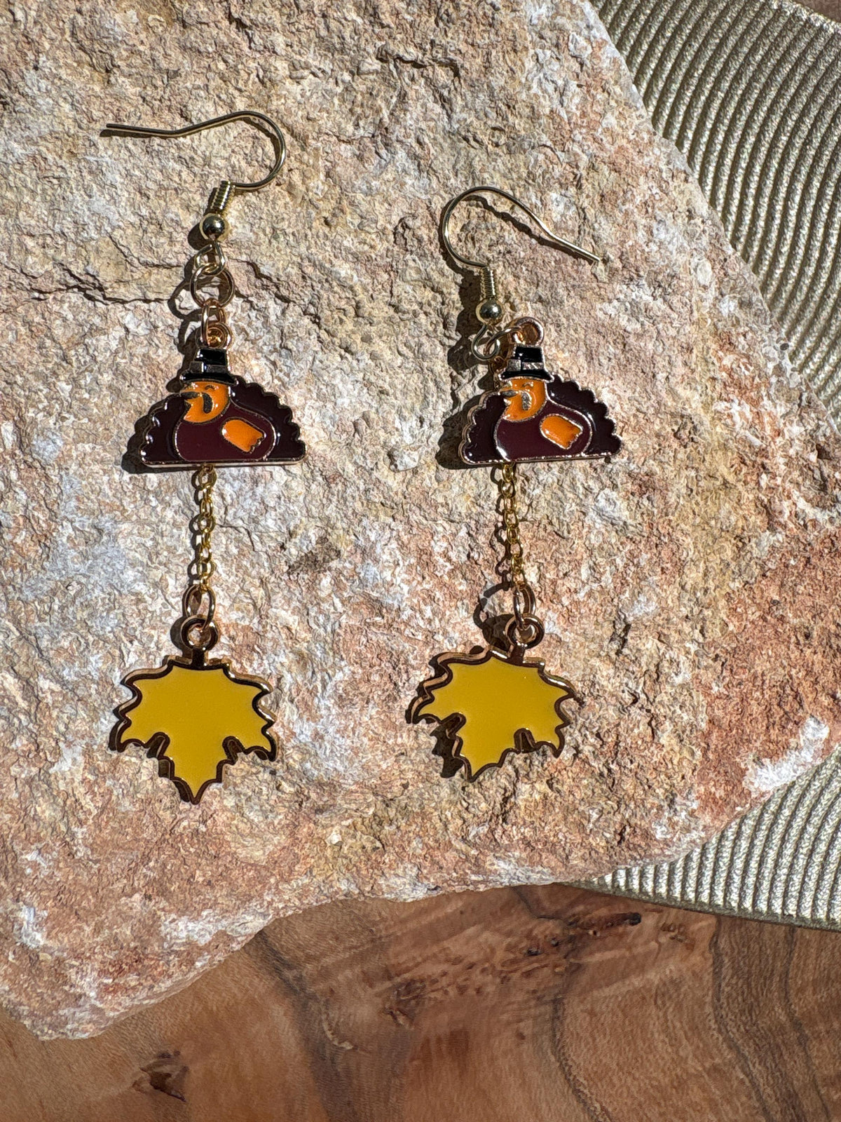 Turkey Maple Leaf Earrings, Fall Dangle Earrings, Thanksgiving Jewelry, Autumn Earrings, Fall Gift for Her