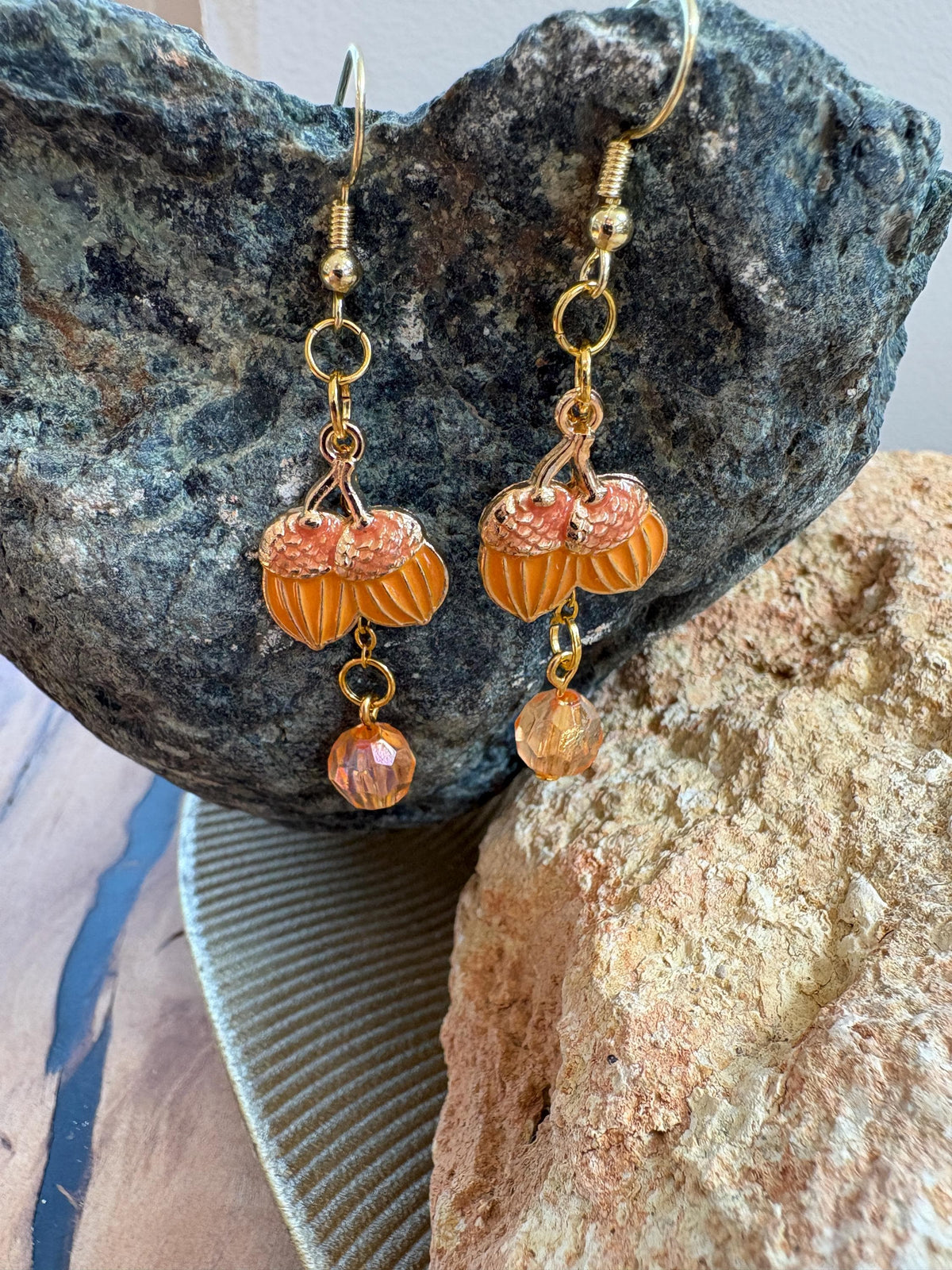 Acorn Earrings, Fall Dangle Earrings, Orange Beaded Autumn Jewelry, Thanksgiving Earrings, Fall Gift for Her