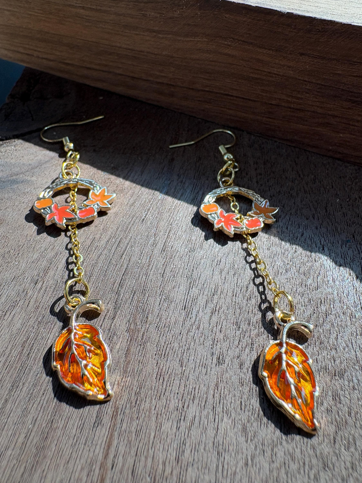 Fall Wreath Earrings, Autumn Leaf Dangle Earrings, Orange Amber Leaf Jewelry, Thanksgiving Earrings, Fall Gift for Her