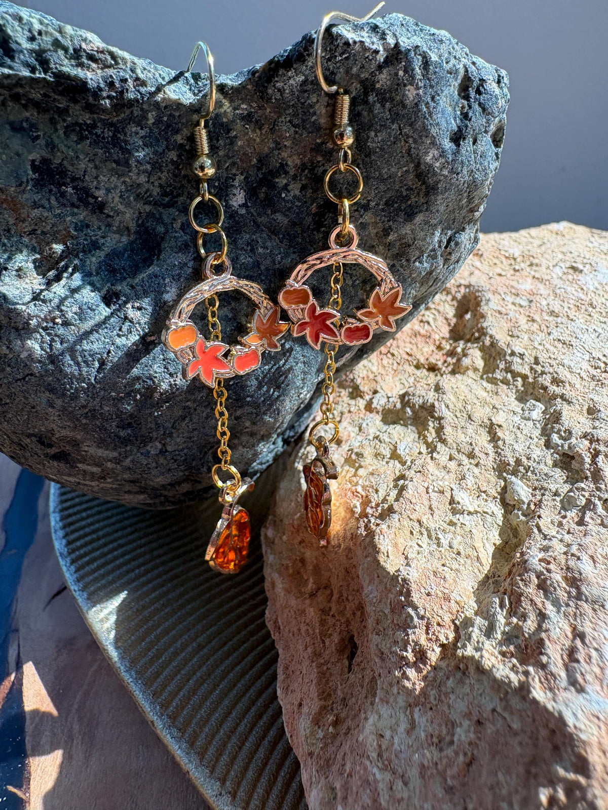 Fall Wreath Earrings, Autumn Leaf Dangle Earrings, Orange Amber Leaf Jewelry, Thanksgiving Earrings, Fall Gift for Her