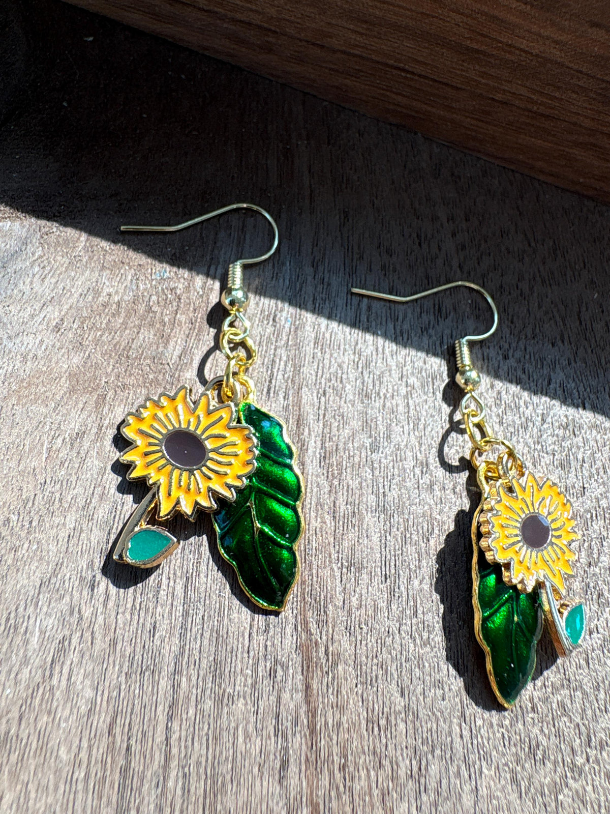 Sunflower Earrings, Green Leaf Dangle Earrings, Botanical Floral Jewelry, Nature Earrings, Garden Lover Gift for Her