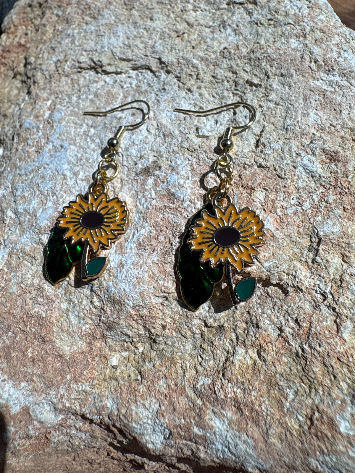 Sunflower Earrings, Green Leaf Dangle Earrings, Botanical Floral Jewelry, Nature Earrings, Garden Lover Gift for Her