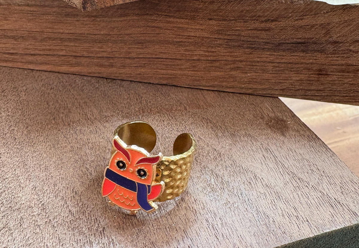 Owl Ring, Adjustable Gold Plated Ring, Hammered Open Band Ring, Colorful Owl Jewelry, Boho Nature Gift for Her