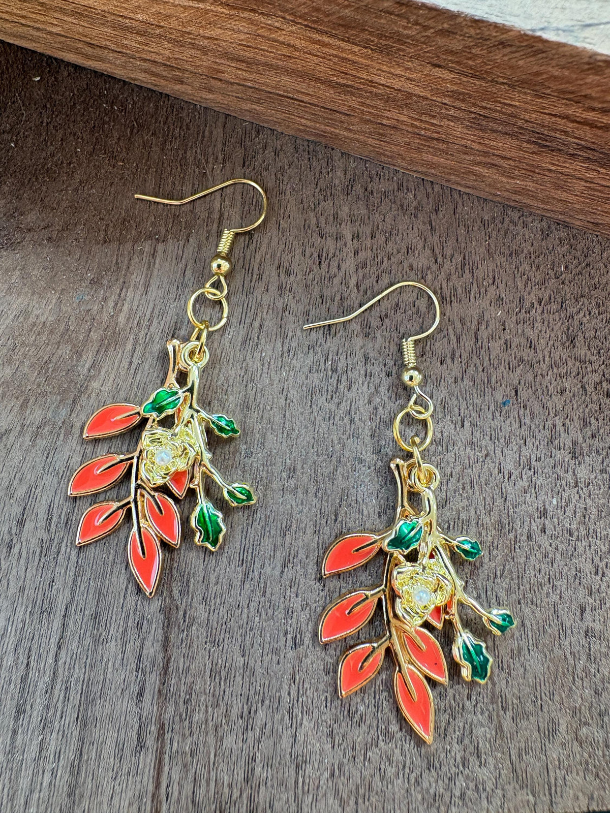 Leaf Earrings, Fall Dangle Earrings, Orange and Green Autumn Jewelry, Thanksgiving Earrings, Fall Gift for Her