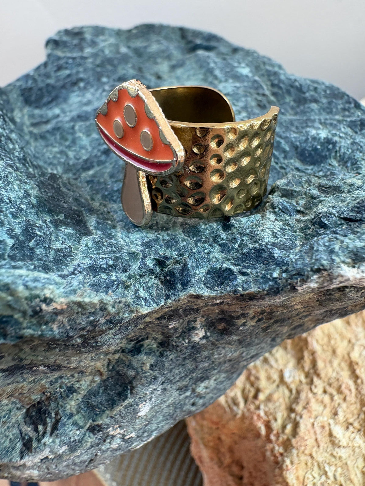 Mushroom Ring, Adjustable Gold Plated Ring, Hammered Open Band Ring, Orange Mushroom Jewelry, Cottagecore Gift for Her