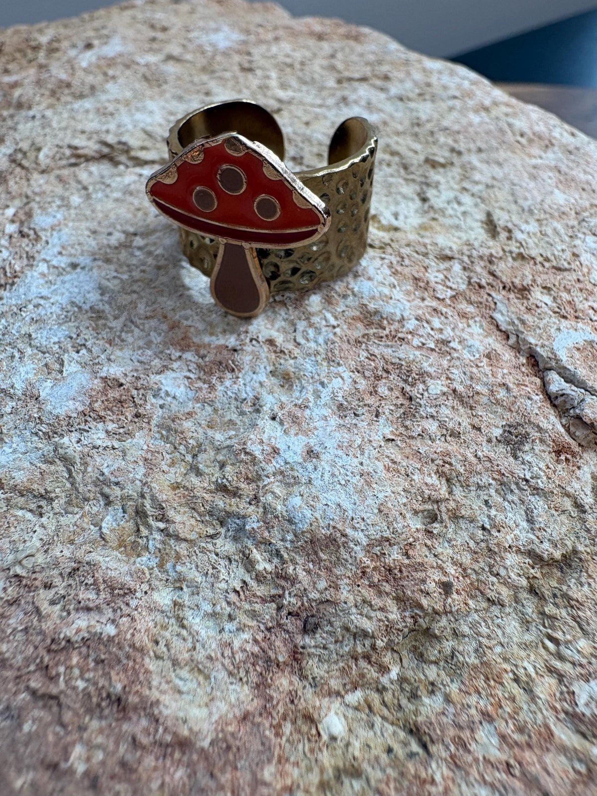 Mushroom Ring, Adjustable Gold Plated Ring, Hammered Open Band Ring, Orange Mushroom Jewelry, Cottagecore Gift for Her