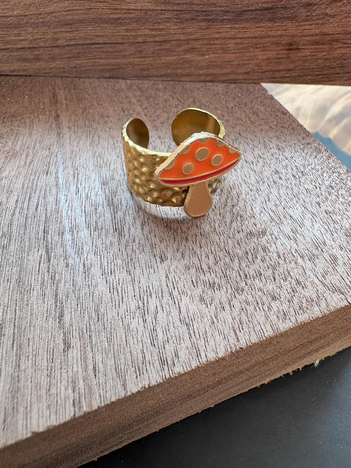 Mushroom Ring, Adjustable Gold Plated Ring, Hammered Open Band Ring, Orange Mushroom Jewelry, Cottagecore Gift for Her