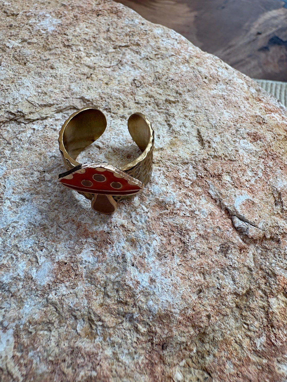 Mushroom Ring, Adjustable Gold Plated Ring, Hammered Open Band Ring, Orange Mushroom Jewelry, Cottagecore Gift for Her