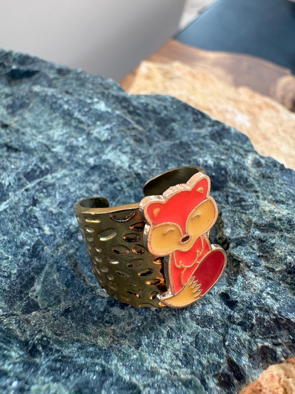 Fox Ring, Adjustable Gold Plated Ring, Hammered Open Band Ring, Woodland Fox Jewelry, Cottagecore Animal Gift for Her